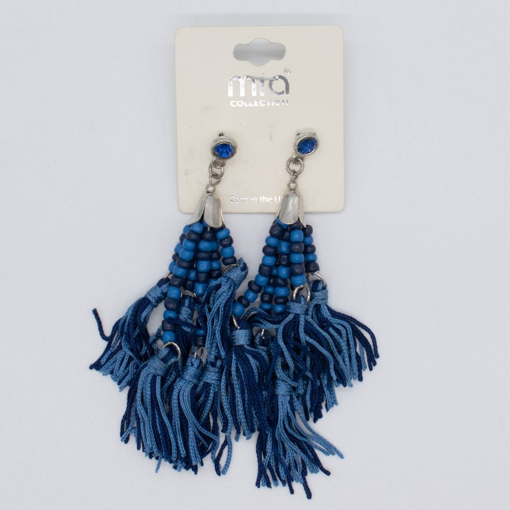 Mia Collection Blue Tassel Dangle Fringe Silver Tone Hook Earrings